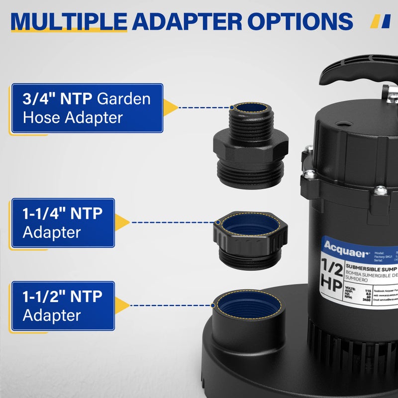 Acquaer 1/2 HP Sump Pump, 4060 GPH Submersible Clean/Dirty Water Pump with Adjustable Float Switch for Garden Pool, Basement, Flooded House, Hot Tub and Irrigation, Max head 32 ft. - Image 5